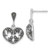 Sterling Silver Antiqued Marcasite Heart Dangle Post Earrings