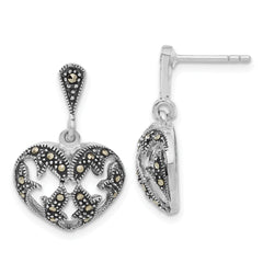Sterling Silver Antiqued Marcasite Heart Dangle Post Earrings