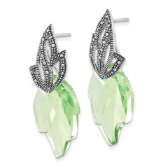 Sterling Silver Leaf Dangle Earrings with Green Crystals & Marcasite