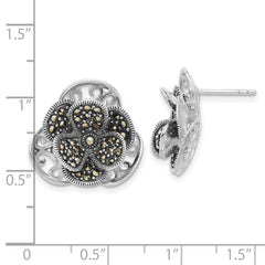 Sterling Silver Marcasite Flower Earrings with Polished Antique Finish
