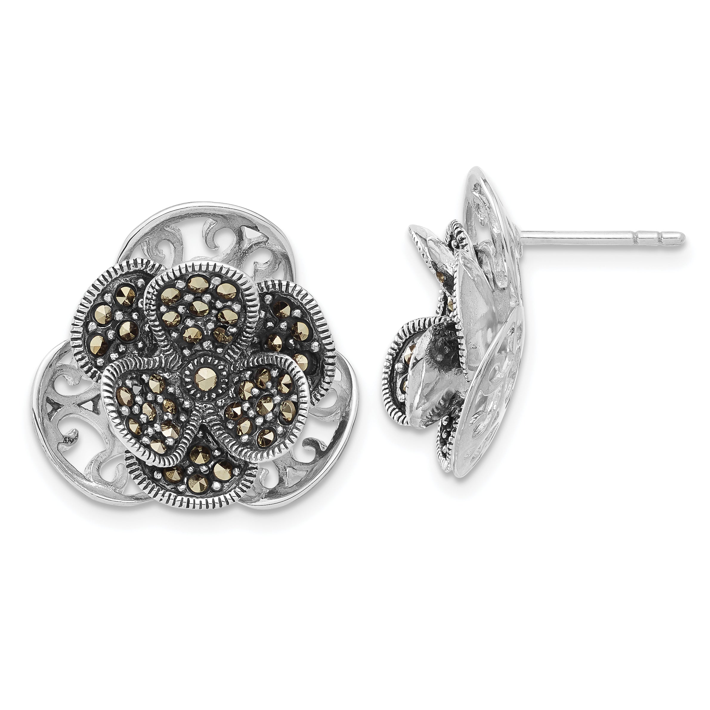Sterling Silver Polished & Antiqued Marcasite Flower Post Earrings