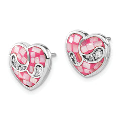 Sterling Silver 925 Heart Earrings with Pink Mother of Pearl & CZ