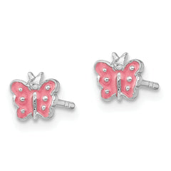 Sterling Silver Rhodium-Plated Pink Enameled Butterfly Earrings for Girls