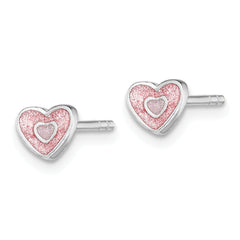 Sterling Silver Children's Heart Earrings with Pink Glitter Enamel and Rhodium Plating