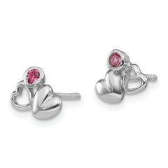 Sterling Silver Rhodium-Plated Pink Crystal Double Heart Children's Earrings