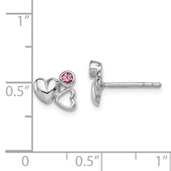 Sterling Silver Rhodium-Plated Pink Crystal Double Heart Children's Earrings