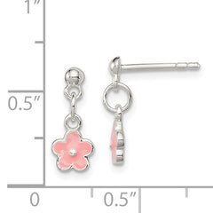 Sterling Silver Pink Enameled Flower Dangle Earrings for Girls, Polished Anti-Tarnish Finish