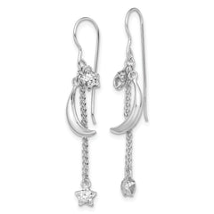 Sterling Silver 925 Rhodium-Plated Star and Moon Drop Earrings, Diamond-Cut Finish