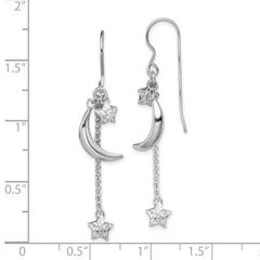 Sterling Silver 925 Rhodium-Plated Star and Moon Drop Earrings, Diamond-Cut Finish