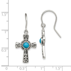 Sterling Silver 925 Turquoise Cross Drop Earrings with Antiqued Finish