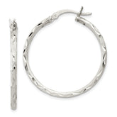 Sterling Silver Satin Diamond-cut 2x31mm Hoop Earrings