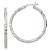 Sterling Silver 2.5mm Diamond-cut Laser-cut Hinged Hoop Earrings