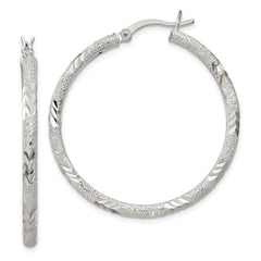 Sterling Silver 2.5mm Diamond-cut Laser-cut Hinged Hoop Earrings