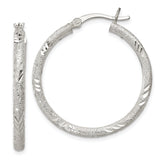 Sterling Silver 2.5mm Diamond-cut Laser-cut Hinged Hoop Earrings