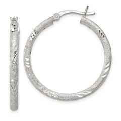 Sterling Silver 2.5mm Diamond-cut Laser-cut Hinged Hoop Earrings
