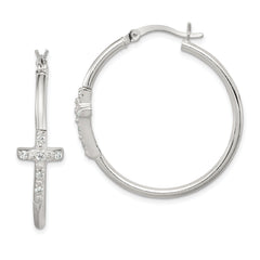 Sterling Silver Polished CZ Cross 2.5mm Round Hoop Earrings