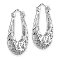 Sterling Silver Rhodium-Plated Filigree Oval Hoop Earrings Polished Leaf Design