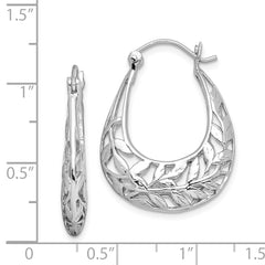 Sterling Silver Rhodium-Plated Filigree Oval Hoop Earrings Polished Leaf Design