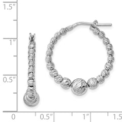 Sterling Silver Rhodium-Plated Beaded Hoop Earrings with Diamond-Cut Finish