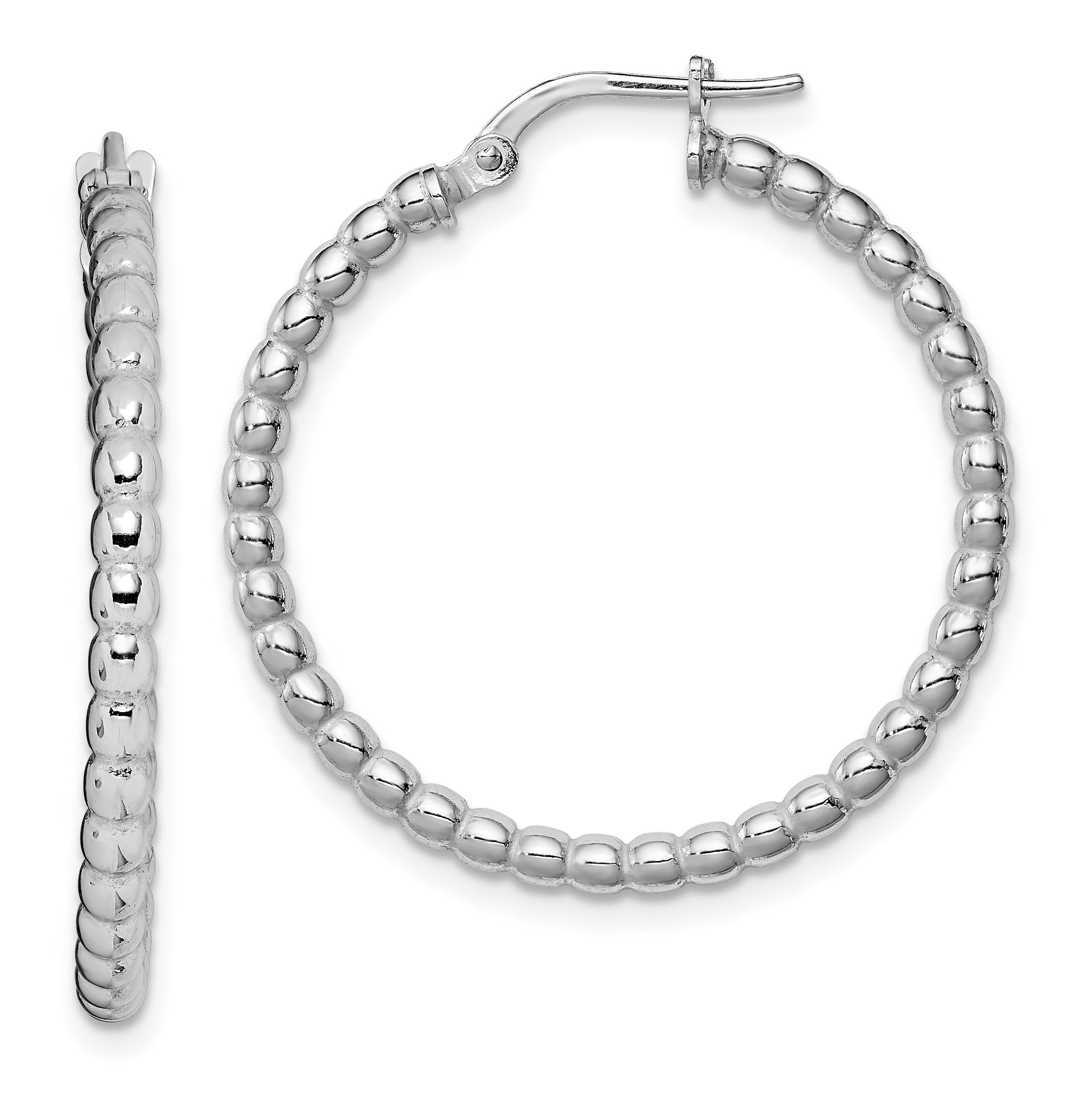 Sterling Silver Rhodium-plated Beaded 3x25mm Hoop Earrings