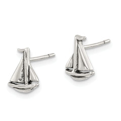 Sterling Silver Sailboat Post Earrings with Polished Antiqued Finish for Women