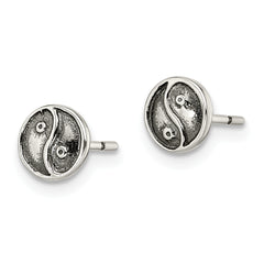 Sterling Silver 925 Yin Yang Button Earrings with Antiqued Finish for Women