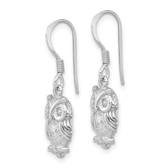 Sterling Silver CZ Owl Drop Earrings with Rhodium Plating, Polished Finish