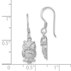 Sterling Silver CZ Owl Drop Earrings with Rhodium Plating, Polished Finish