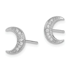 Sterling Silver Rhodium-Plated CZ Crescent Moon Earrings Elegant Polished Design