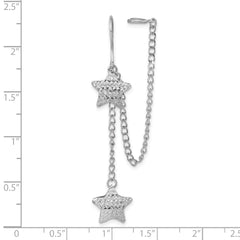 Sterling Silver Rhodium-Plated Star Dangle Earrings with Earlobe Cuff, Polished Diamond-Cut Finish