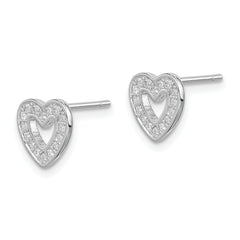 Sterling Silver CZ Heart Earrings with Rhodium Finish and Polished Detail
