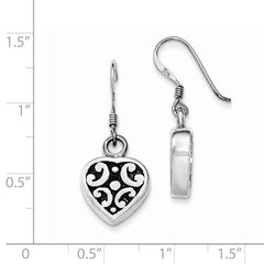 Sterling Silver Heart Dangle Earrings with Polished & Antiqued Finish