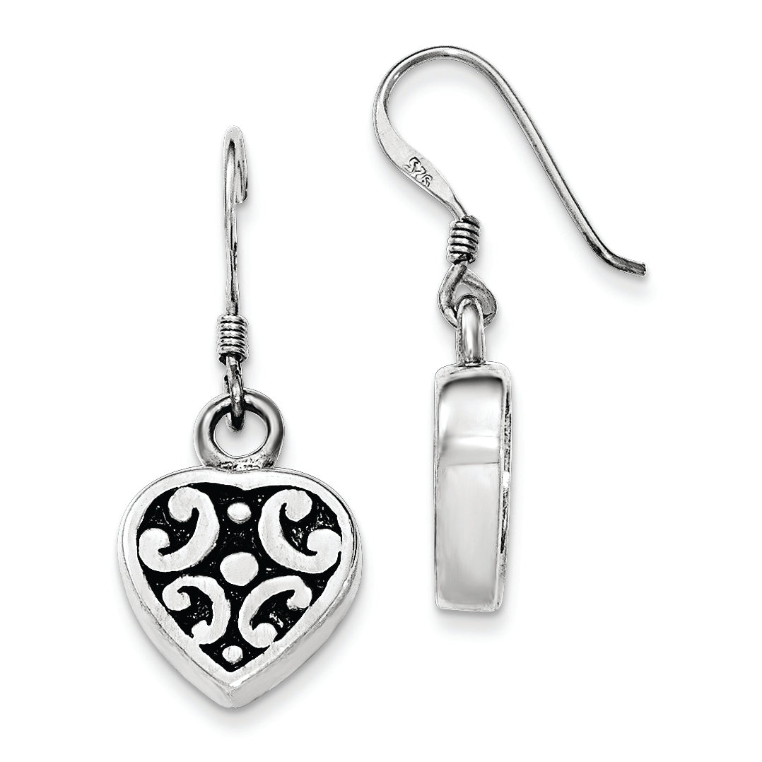Sterling Silver Polished & Antiqued Heart Dangle Shepherd Hook Earrings