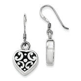 Sterling Silver Polished & Antiqued Heart Dangle Shepherd Hook Earrings