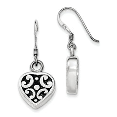 Sterling Silver Polished & Antiqued Heart Dangle Shepherd Hook Earrings