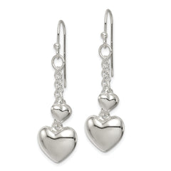 Sterling Silver 925 Puffed Heart Drop Earrings with Polished Anti-Tarnish Finish