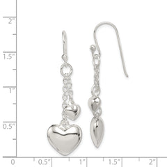 Sterling Silver 925 Puffed Heart Drop Earrings with Polished Anti-Tarnish Finish