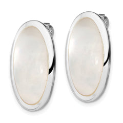 Sterling Silver Mother of Pearl Oval Non-Pierced Button Earrings, Rhodium-Plated