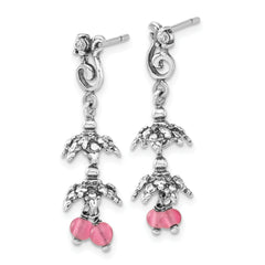 Sterling Silver CZ & Pink Glass Dangle Earrings with Antiqued Finish