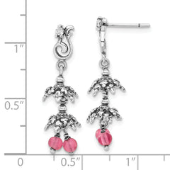 Sterling Silver CZ & Pink Glass Dangle Earrings with Antiqued Finish