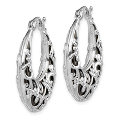 Sterling Silver Rhodium-Plated Onyx Filigree Hoop Earrings Polished & Elegant