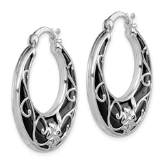 Sterling Silver Rhodium-Plated Onyx Hoop Earrings with Floral Filigree Design