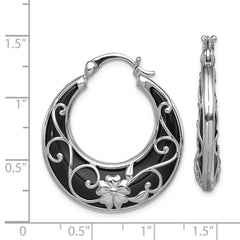 Sterling Silver Rhodium-Plated Onyx Hoop Earrings with Floral Filigree Design