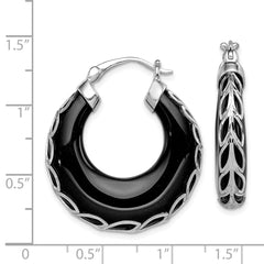 Sophia Jewelers Sterling Silver Onyx Hoop Earrings with Rhodium-Plated Polished Finish