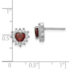 Sterling Silver 925 Garnet and CZ Heart Earrings with Rhodium-Plated Finish