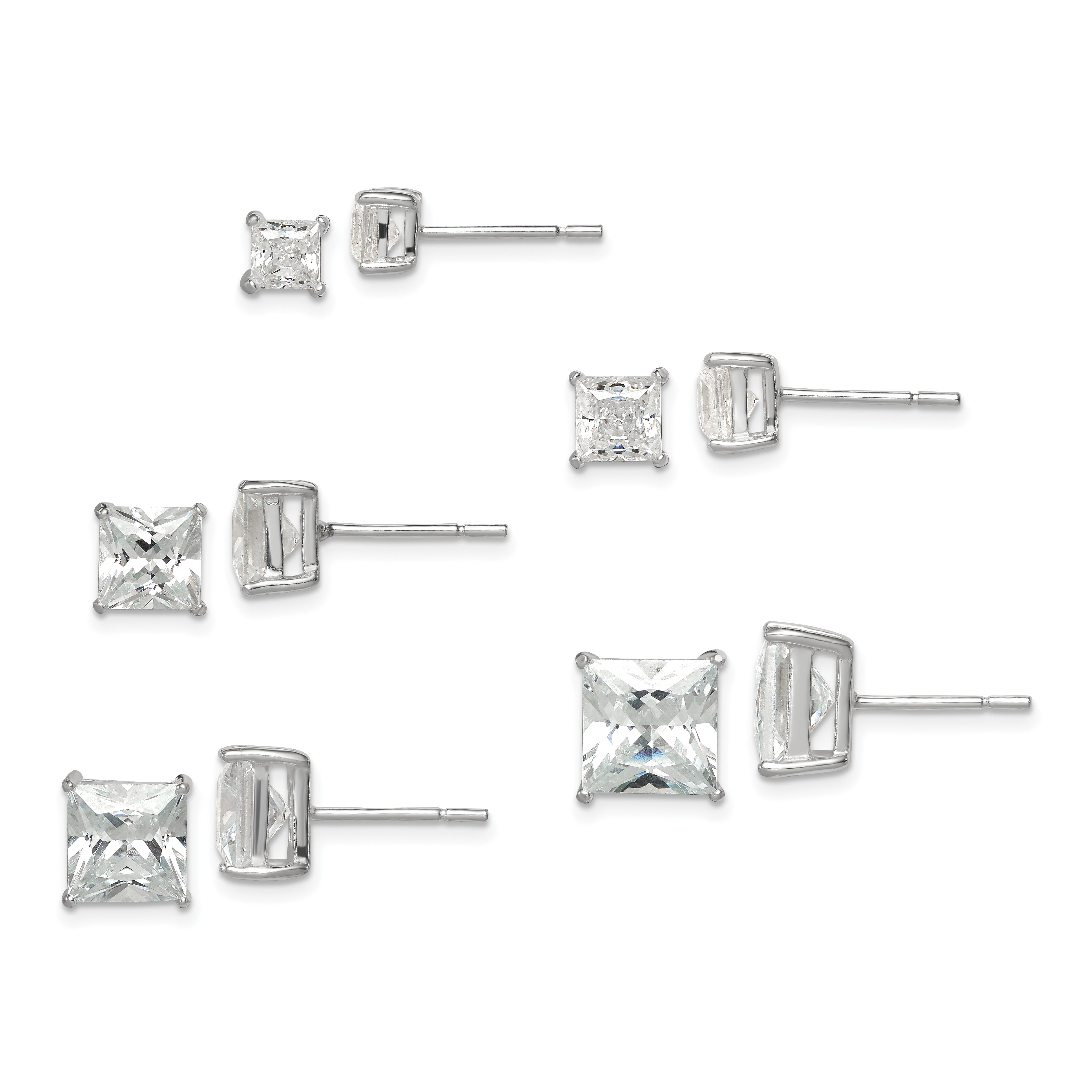 Sterling Silver Polished Square CZ 5-Pair Post Earrings Set