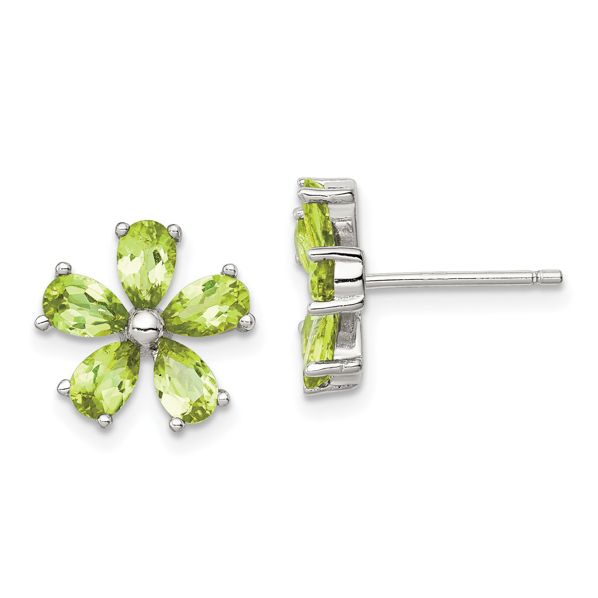 Sterling Silver Rhodium Plated Peridot Floral Earrings