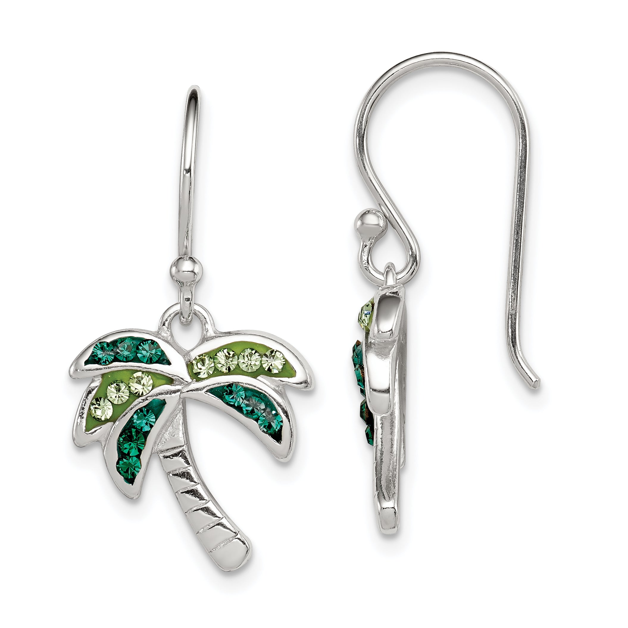 Sterling Silver Rhodium-plated Polished Green Crystal Palm Tree Earrings