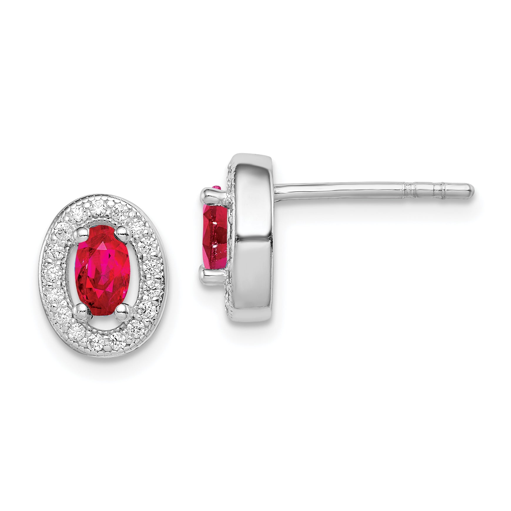 Sterling Silver Rhod-plated Red and White CZ Oval Stud Earrings