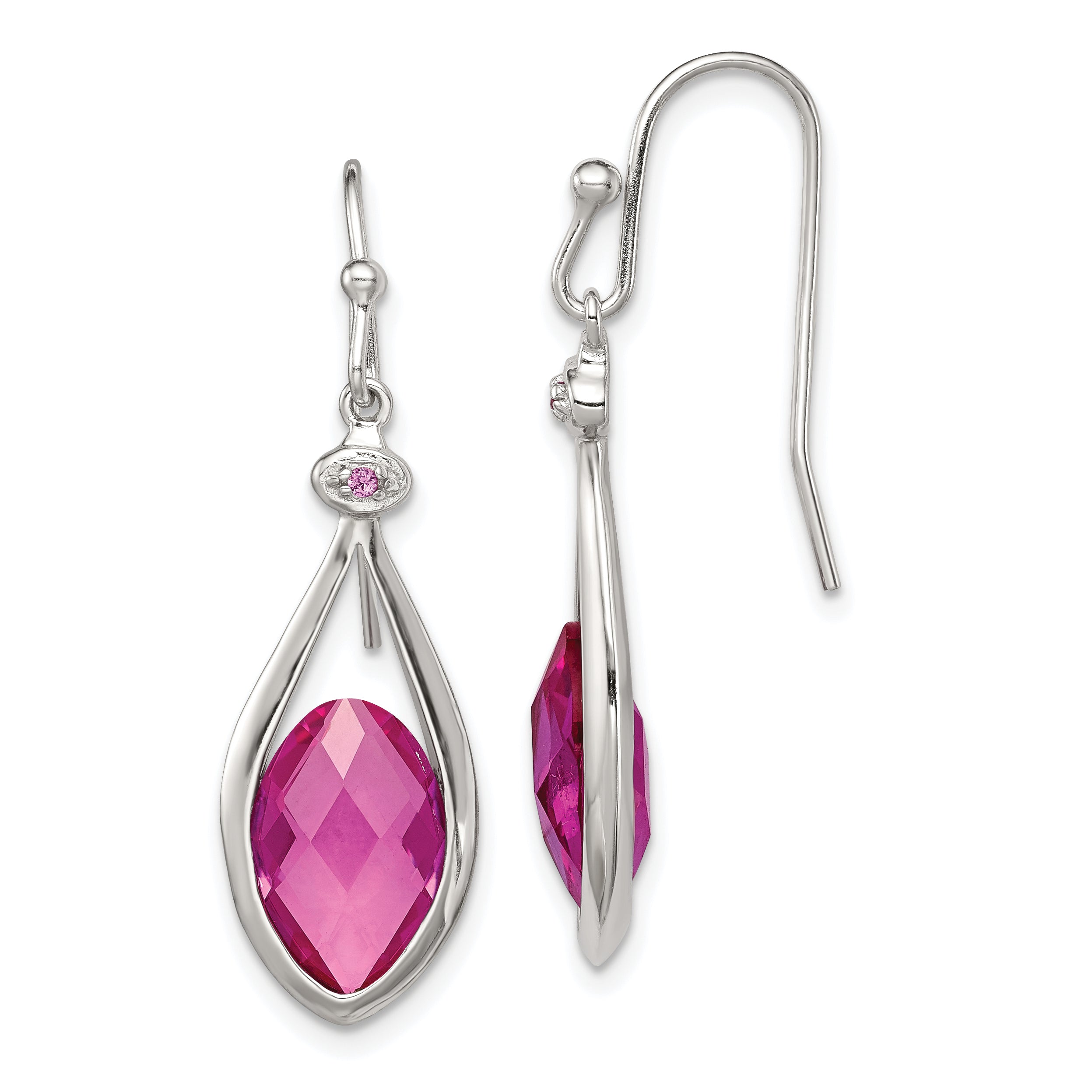 Sterling Silver RH-plated Polished Synthetic Pink Bead Shepherd Hook Earri